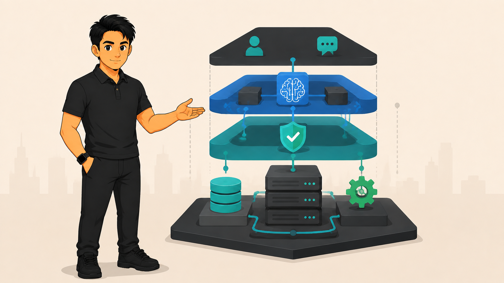 AI-агент управляет путями между сервисами, памятью и API на схеме железнодорожной станции