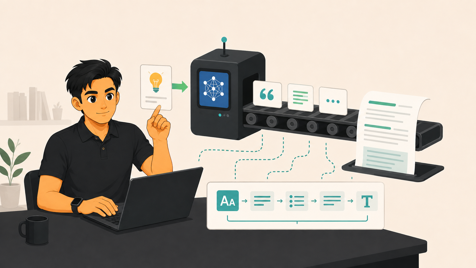 Библиотекарь собирает предложение из карточек как метафора работы нейросети