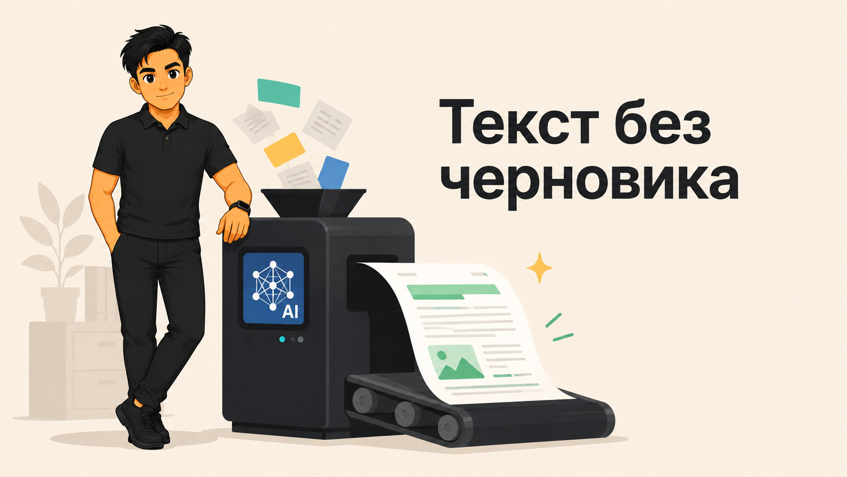 Печатная машинка выращивает сад из фраз как образ нейросетевого текста